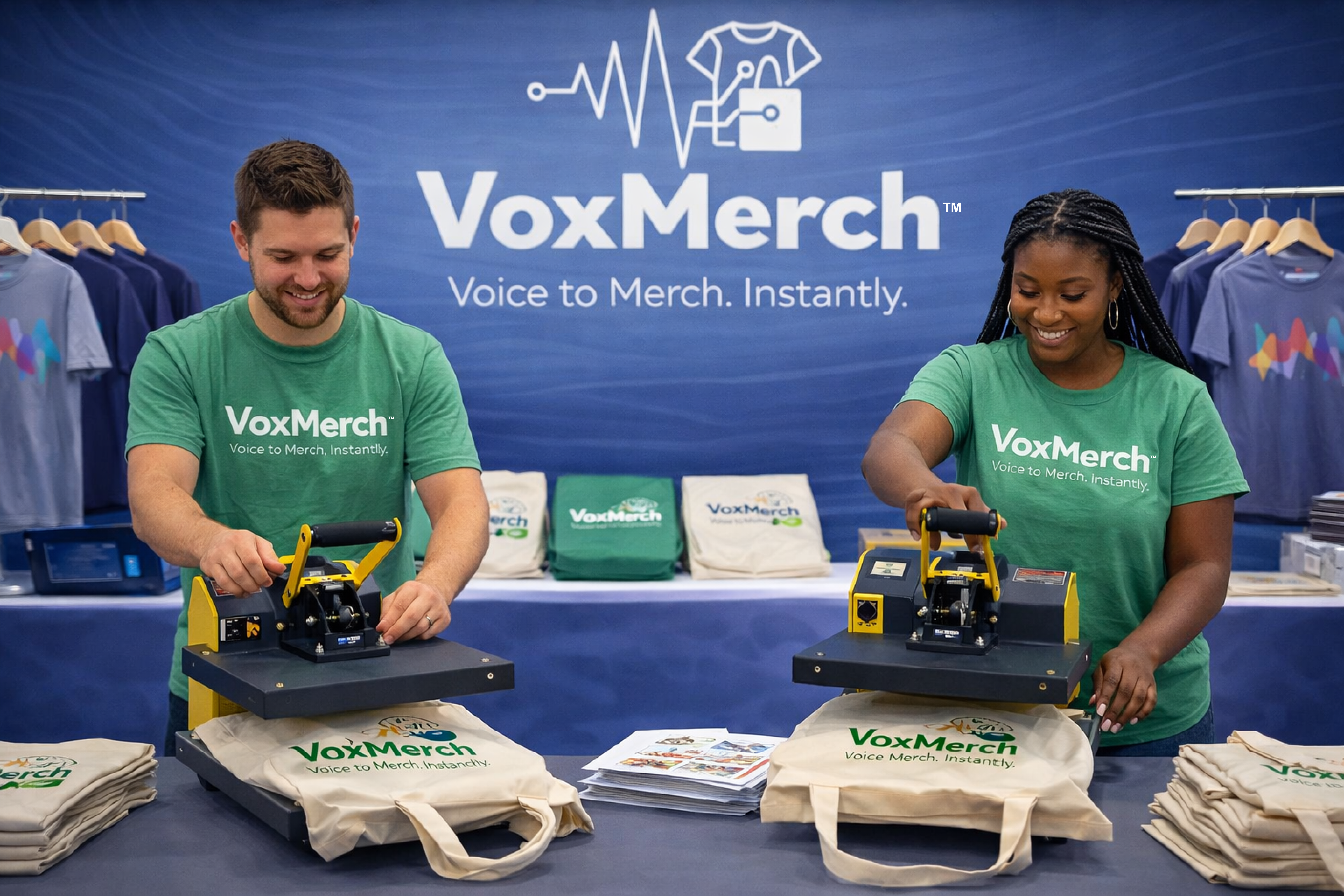 People pressing merch at an event